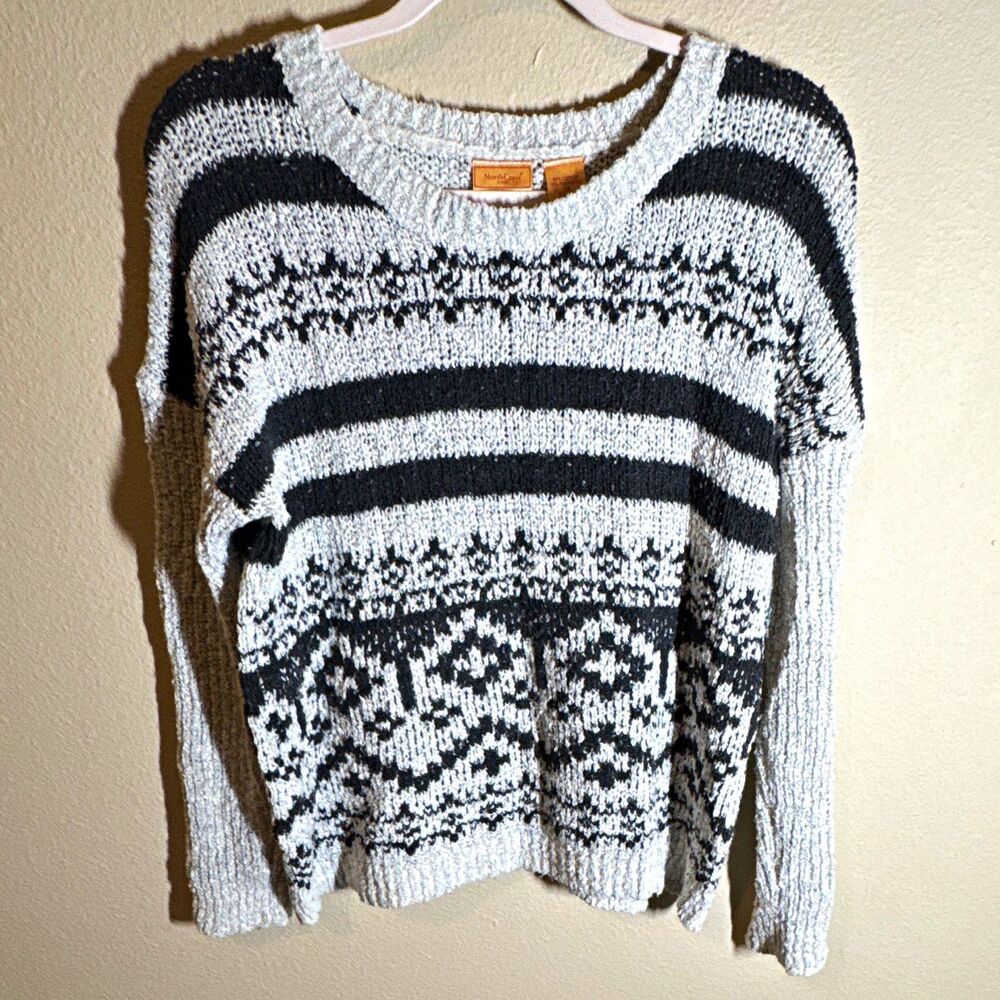 NorthCrest Girls Sweater Pullover M 10-12 Gray Black Fair Isle Knit Crew